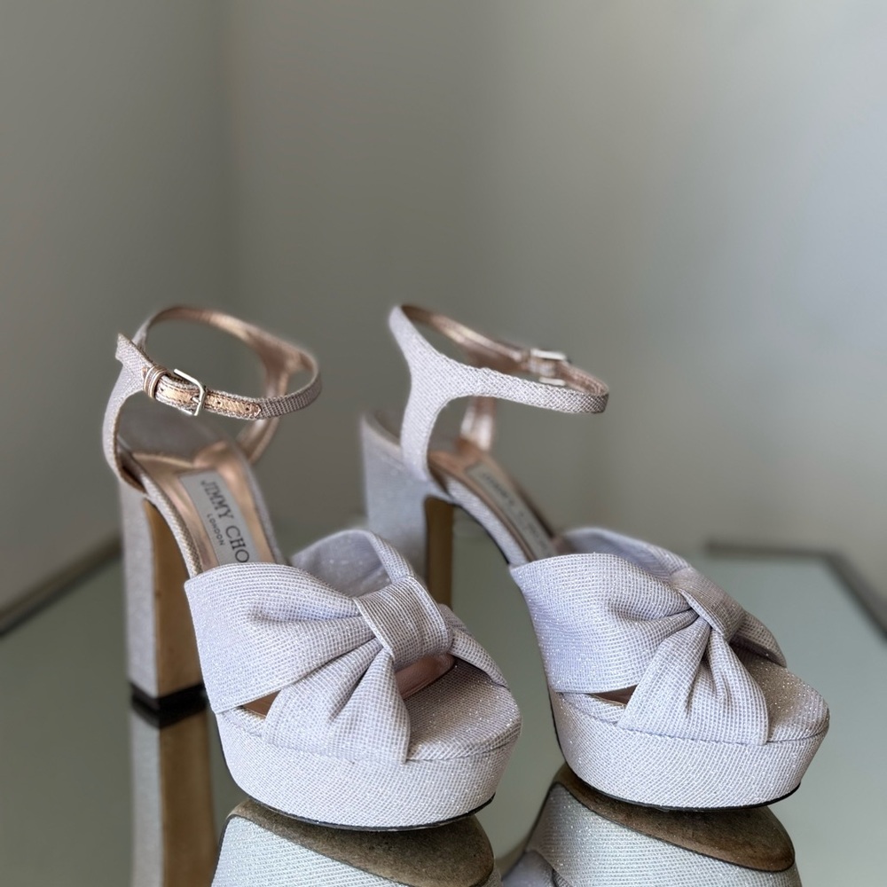EUC JIMMY CHOO Heloise 120MM Glitter Platform Sandals Macaron 36.5 $1,025 - Picture 9 of 13